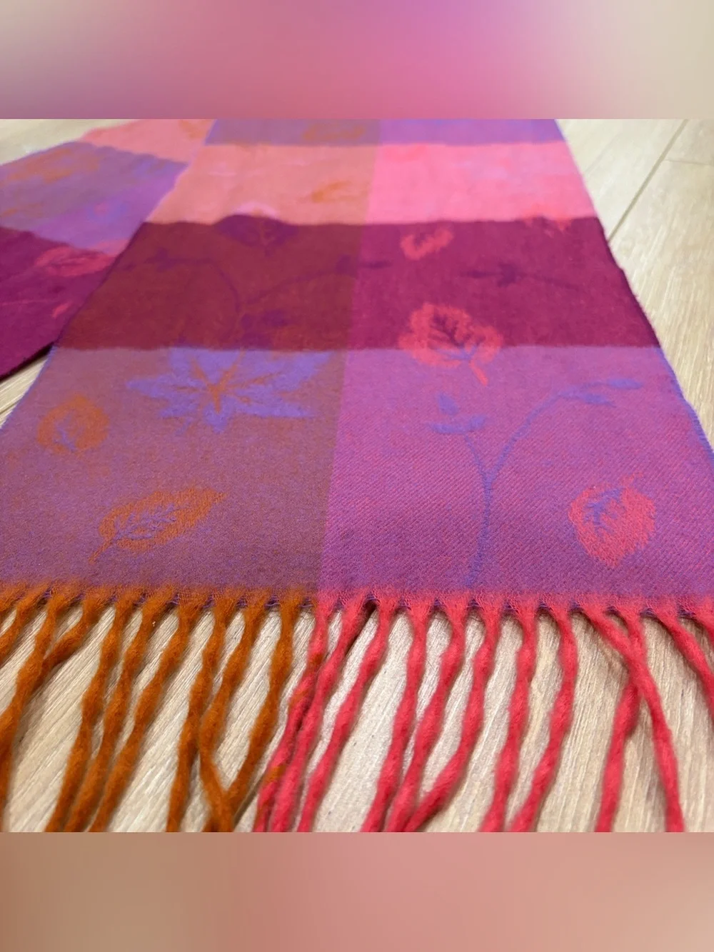 Made in Scotland 100% Cashmere Scarf Floral Jacquard Plaid Pink Purple